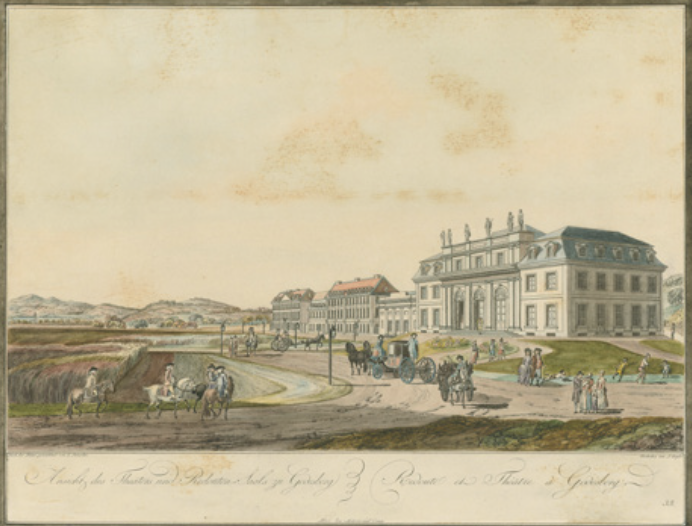 Die 1792 fertiggestellte Redoute in Godesberg mit Theater und Logierhusern, aquarellierter Stich von Johann Ziegler, 1792, nach einer Zeichnung von Lorenz Janscha, Wien 1798