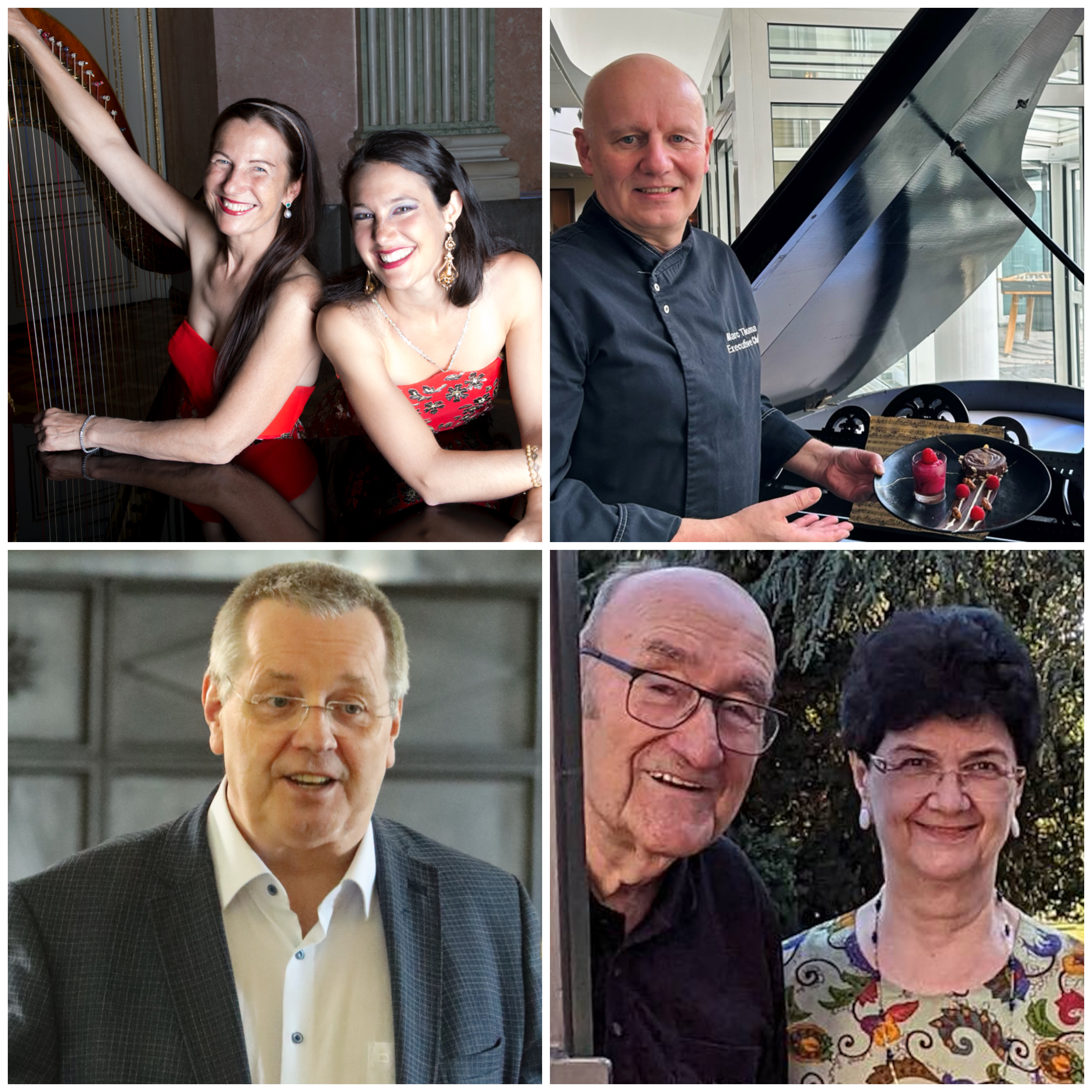 oben: Das Duo Praxedis mit Praxedis Hug-R�tti (Harfe) und Praxedis Genevi�ve Hug (Klavier) sowie K�chenchef Marc Thoma; unten: Stephan Eisel mit Margit Haider-Dechant und Hermann Dechant
