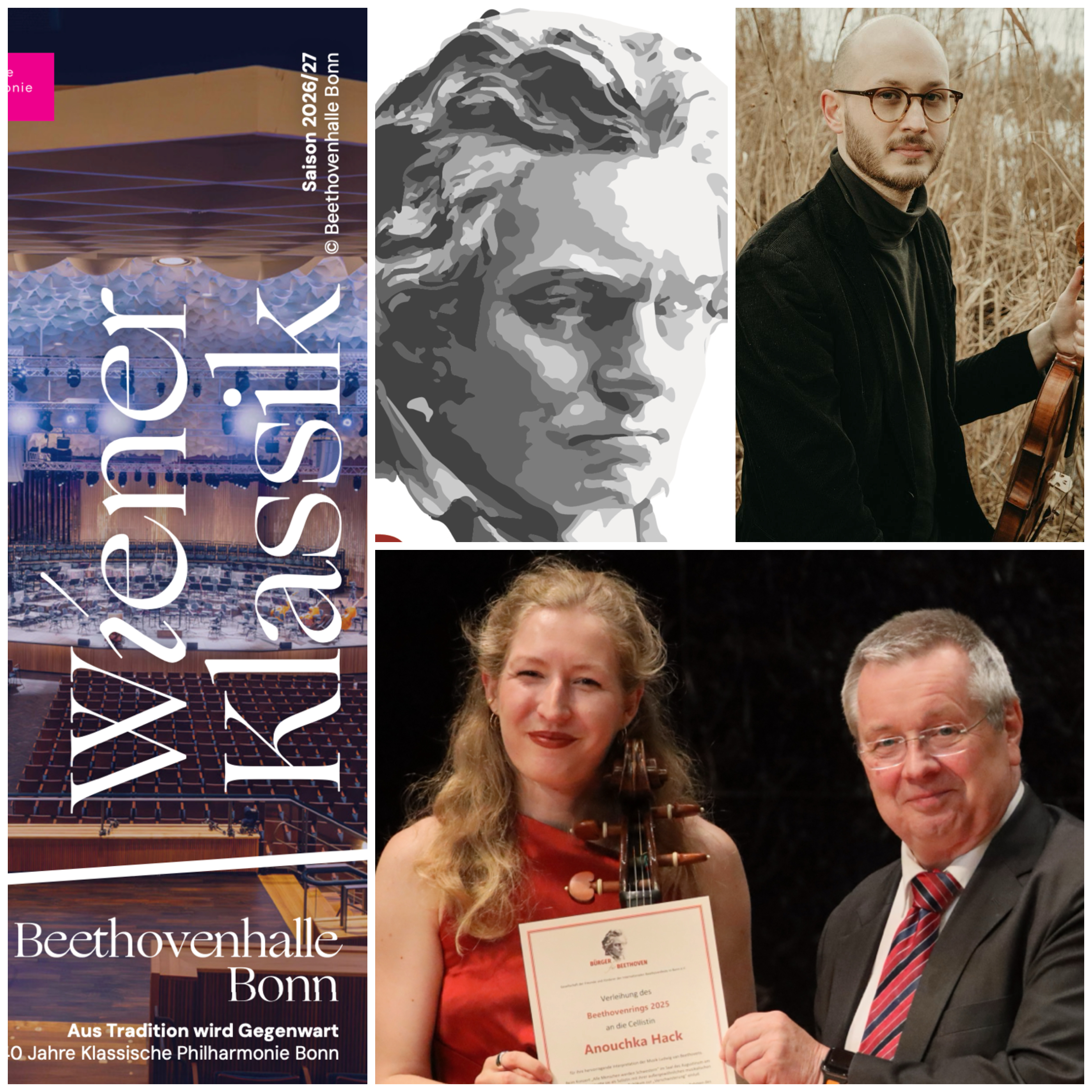 Konzertmeister Moritz Ter-Nedden (oben links) und Anouchka Hack bei der �berreichung des Beethoven-Rings der B�rger f�r Beethoven durch Stephan Eisel