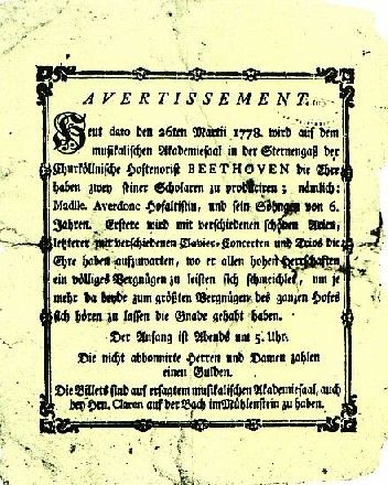 Ankündigungszettel für das erste öffentliche Konzert von Ludwig van Beethoven am 26.3.1778